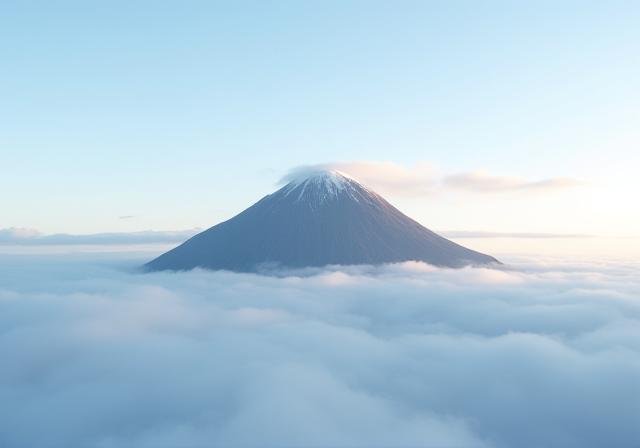A mist-covered volcano peak