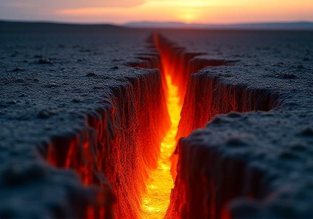 Cracked dry earth with glowing orange light between the fissures
